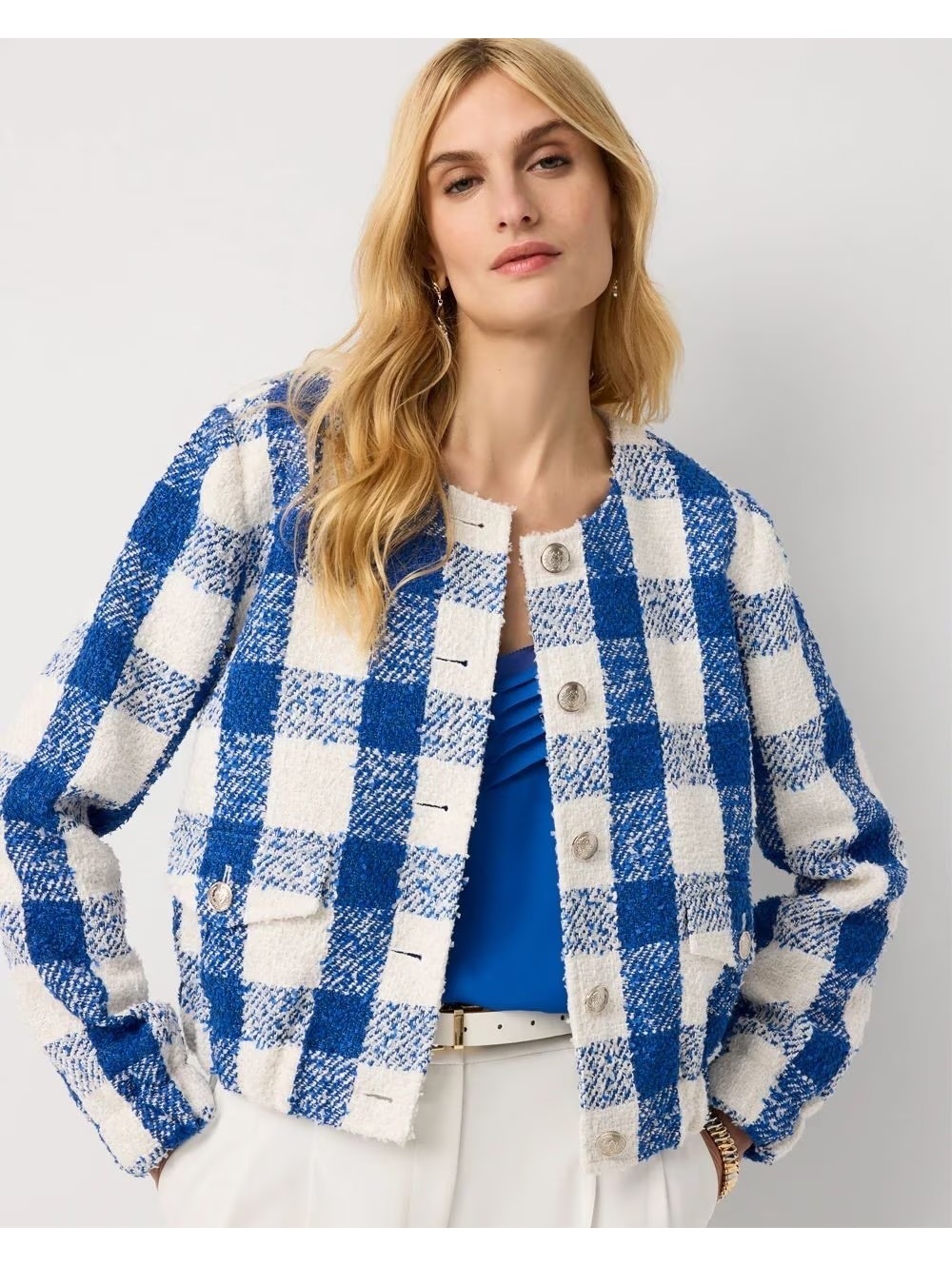 WHBM Bouclé Gingham Bomber Jacket